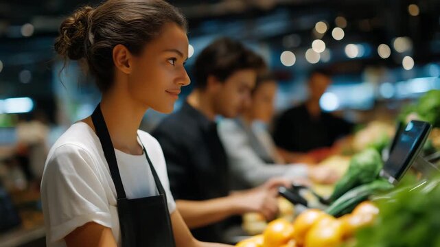 Busy supermarket checkout counters with multiple cashiers handling purchases, customers bagging groceries, and barcode scanners beeping, symbolizing classic retail checkout, customer service, and