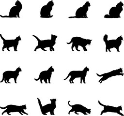 Set silhouettes of cat isolated on transparent background. Vector illustrations