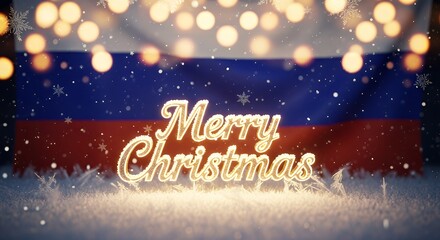 Merry christmas message with russian flag background in snow and festive holiday lights