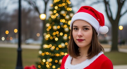 Young woman in santa costume stands near christmas tree in outdoor festive holiday scene