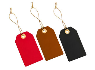 Three blank gift tags in red tan and black isolated on transparent background