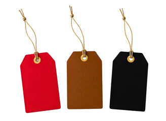 Three blank gift tags in red tan and black isolated on transparent background