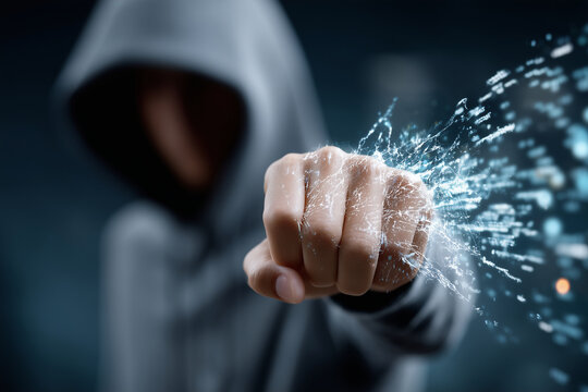 Hacker breaking through cyber security firewall with code text blured