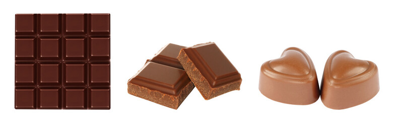 Chocolate collection food set: chocolate bar, broken chocolate bars and chocolate candies, isolated on transparent background