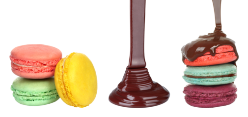 Dessert collage: macaroons, chocolate dripping and macaroons with chocolate flowing, isolated on transparent background