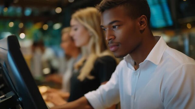 Retail cashier scanning products at busy checkout lane with customers waiting in line, surrounded by barcode readers and digital registers, representing traditional shopping, consumer behavior, and