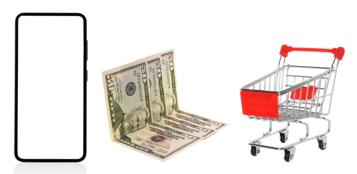 E-Commerce concept set: smart phone, money bills and shopping cart, isolated on transparent background