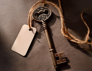 Vintage Key With Blank Tag on Elegant Brown Surface in Warm Light