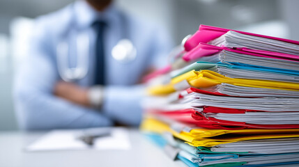 Clous up Overhead angle showing faceless administrator beside detailed stack of clinical files with written notes visible, with copy space