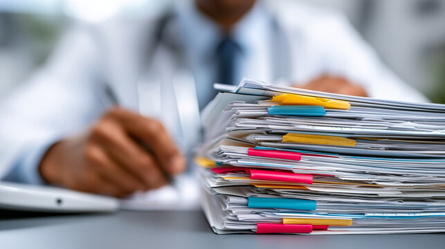 Clous up Overhead angle showing faceless administrator beside detailed stack of clinical files with written notes visible, with copy space