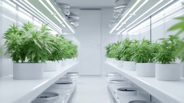 Cultivated Greenery: Captivating view of a indoor cultivation setting showcasing rows of healthy, vibrant plants illuminated by advanced lighting.