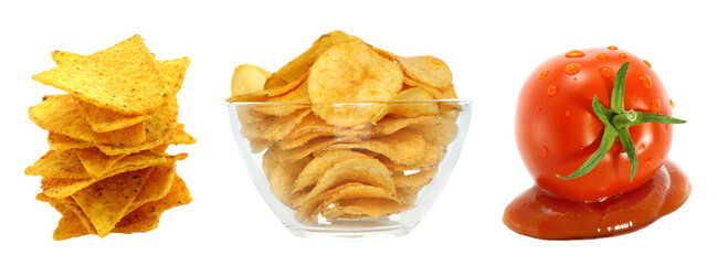 Mexican Snacks food set: nachos heap, bowl with potato chips and tomato ketchup, isolated on transparent background