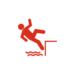 Falling red person silhouette pictogram. Caution sign. Isolated on white background. Vector illustration
