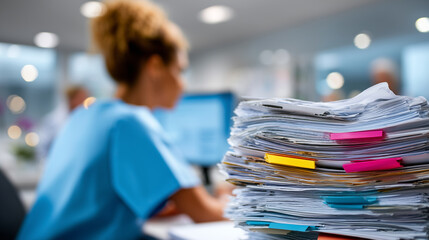 Close-up Back view of healthcare clerk at desk with focused stack of clinical paperwork and written notes, with copy space