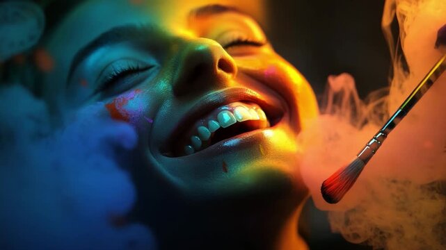 Artistic Expression: A person immersed in creative ecstasy as vibrant colors explode into a symphony of hues, and a brush adding the final touch to this portrait of happiness.