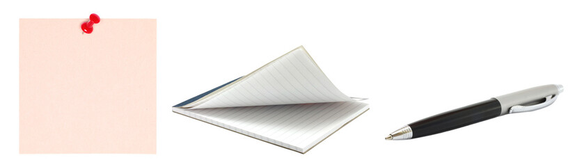 Office Notes business set: note paper, notepad and business pen, isolated on transparent background