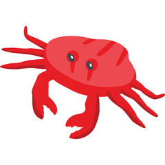 Red Crab illustration with simple cartoon style and striking red color featuring six legs two claws and blue eyes isolated on transparent background