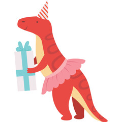 Red Cartoon Dinosaur Wearing A Pink Tutu And Party Hat Holding A Gift Box And Ribbon