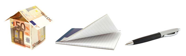 Sale of Real Estate set: house made of euro banknotes, notepad and business pen, isolated on...