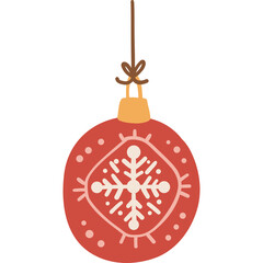 Fototapeta premium Red Christmas Bauble Ornament with Snowflake Design Hanging by String Detailed Festive Holiday Decoration