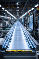 Close Up, Automated conveyor belt producing electronics in large scale factory