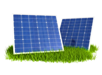 Two solar panels on green grass isolated on transparent background