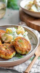 Crispy cod fishcakes with creamy potato salad and fresh dill in a cozy Scandinavian kitchen