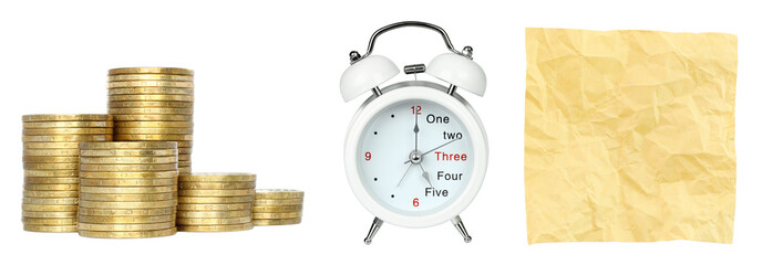 Naklejka premium Time is Money set: money coins, alart clock and crumpled note paper, isolated on transparent background