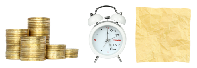 Time is Money set: money coins, alart clock and crumpled note paper, isolated on transparent background
