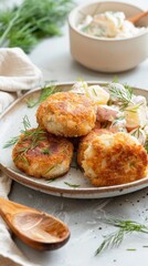 Crispy golden cod fishcakes complemented by creamy potato salad in a Scandinavian kitchen