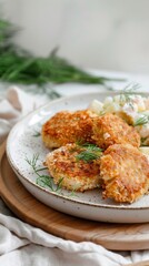 Crispy cod fishcakes with creamy potato salad in a cozy Scandinavian kitchen setting