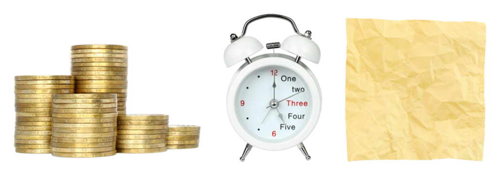 Time is Money set: money coins, alart clock and crumpled note paper, isolated on transparent background