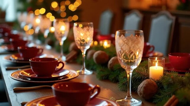 A beautifully set dining table for a festive occasion. Red cups and plates are arranged neatly. Candles and greenery add a warm ambiance.