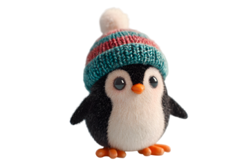 Cute fluffy penguin toy wearing a colorful knitted winter hat