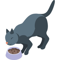 Gray Cat Crouching Down to Eat From a Purple Bowl Filled with Brown Kibble on a Transparent White Background