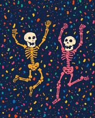 Colorful Skeletons Dancing Against a Dark Background with Confetti