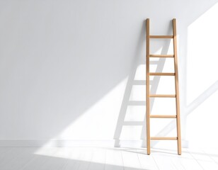 wooden ladder leaning against a white wall