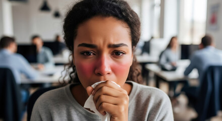 Sad woman with red nose holding tissue, sick at work in office, concept for illness, cold, and flu.