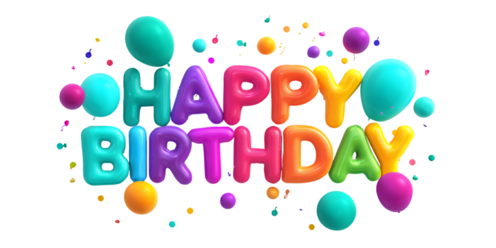 Colorful happy birthday balloons and text on black background