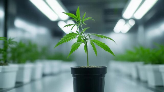 Cannabis Plant in a Pot: A single cannabis plant stands tall in a pot, symbolizing growth and the cultivation of an industry, under the soft glow of artificial lighting.