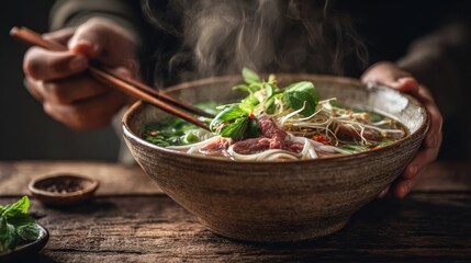 Delicious Hot Bowl of Noodle Soup With Fresh Herbs and Meat Served in Rustic Setting