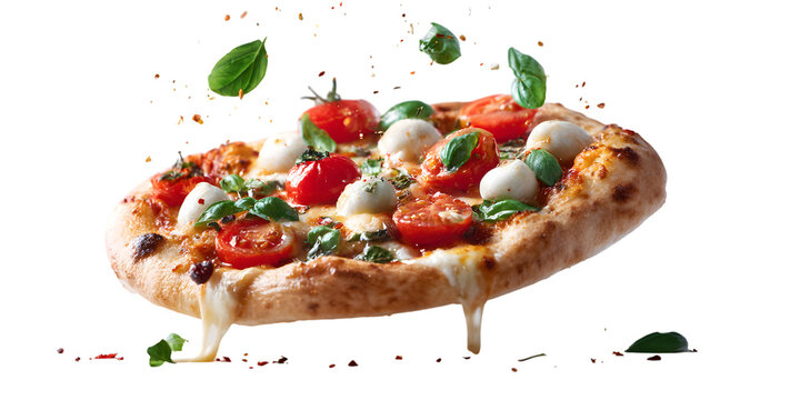Delicious margherita pizza with falling basil leaves and cheese drip