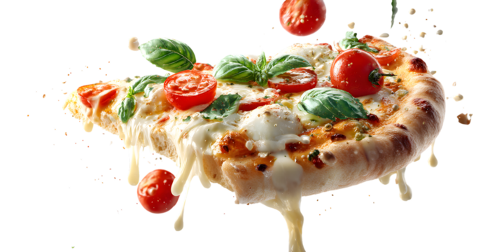 Delicious slice of pizza with melting cheese and falling tomatoes