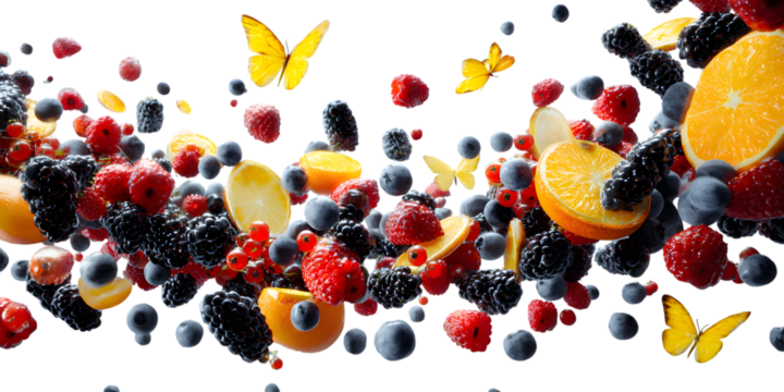 Vibrant assortment of fresh berries and sliced peaches with butterflies
