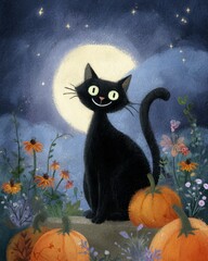 Fototapeta premium Whimsical Black Cat Among Pumpkins Under Moonlit Sky
