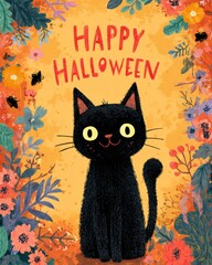 Cute Black Cat Decorates Halloween with Colorful Flowers and Joy