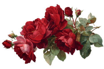 Vintage painting of a lush bouquet of deep red roses on a black background