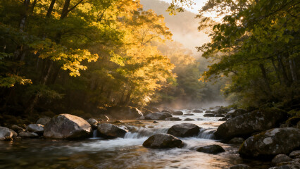 Autumn forest stream with sunlight