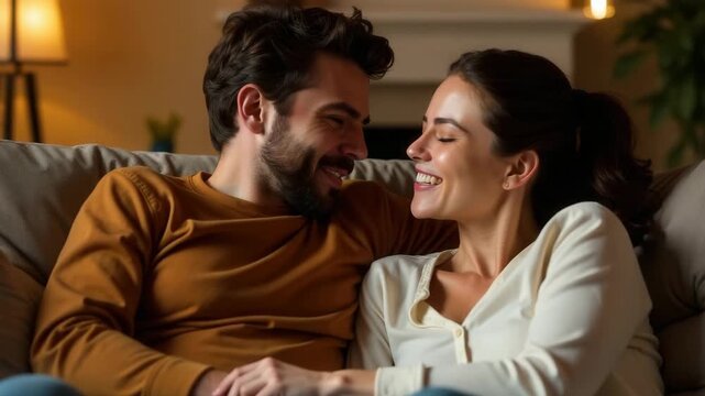 A young Caucasian couple sits closely on a couch, smiling and enjoying each other's company in a cozy living room with warm lighting.