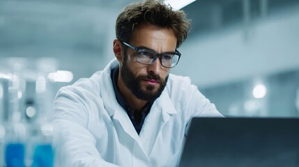 A scientist in a lab coat and glasses intently studies data on a laptop in a modern laboratory